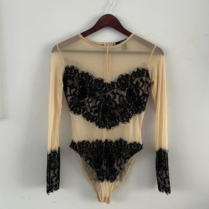 Forever 21 nude / black lace long sleeved bodysuit